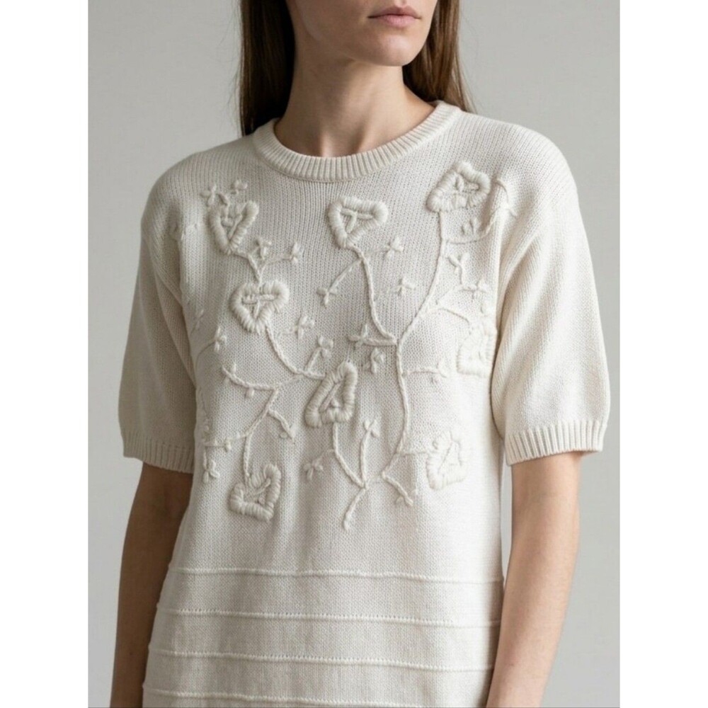 VINTAGE Sweater Marshall Fields Knit Embroidered Short Sleeve Spring Pullover S - Picture 1 of 12